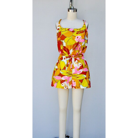 50s 60s Cotton Floral Swimsuit Romper One Piece Bathing Suit Colorful Floral S M - Picture 2 of 10